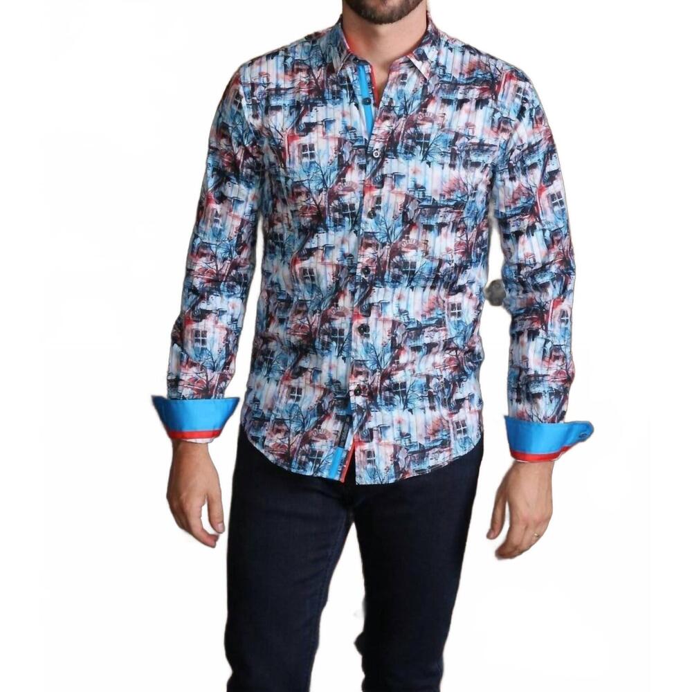 NEW EIGHT X scenery print button down shirt with trim in turquoise